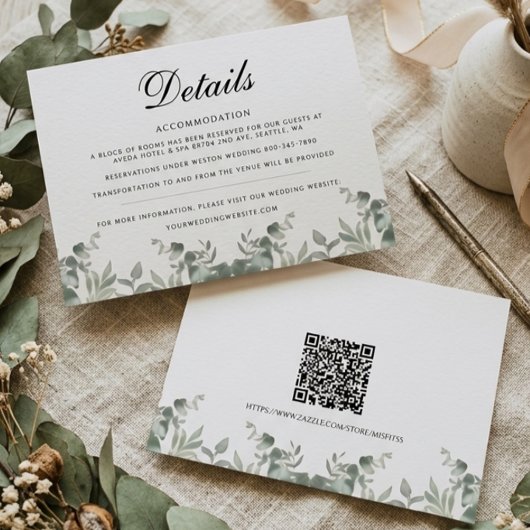 Boho-Eukalyptusblätter mit QR-Code Hochzeitsdetail Mitteilungskarte