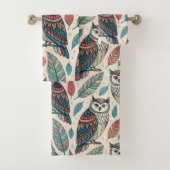 Boho-Eule-Blattmuster Teal Rost Beige Badhandtuch Set (Insitu)