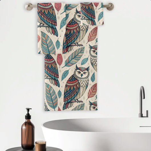 Boho-Eule-Blattmuster Teal Rost Beige Badhandtuch Set