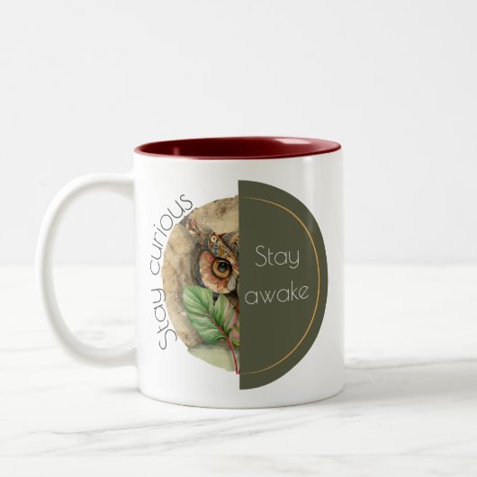 Boho-Eule „Bleib wach“ Kunst Zweifarbige Tasse (Links)