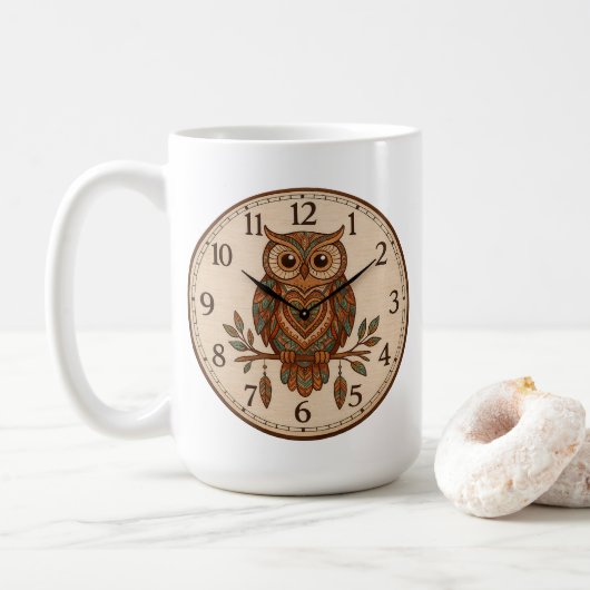 Boho-Eule Große Wanduhr Kaffeetasse (Mit Donut)