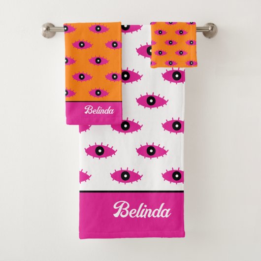 BOHO Evil Eye Muster Burnt Orange & Pink Name Badhandtuch Set (Insitu)