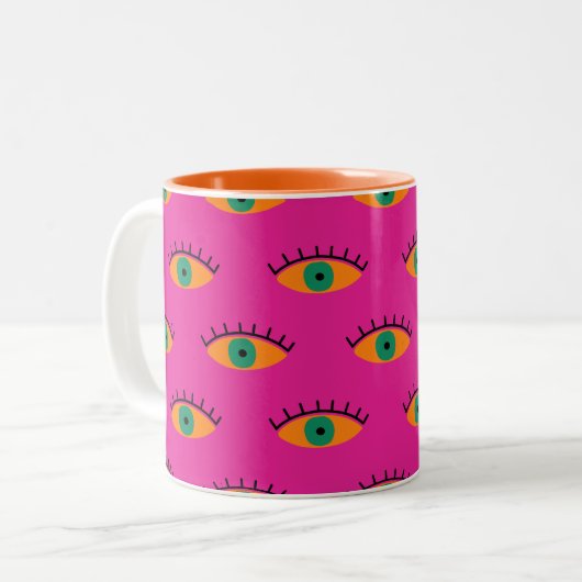 BOHO Evil Eye Pattern Funky Fuchsia Zweifarbige Tasse (Vorderseite Links)