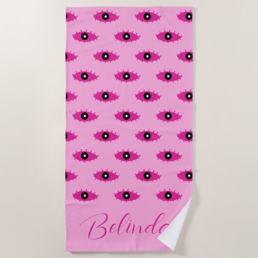 BOHO Evil Eyes Handgeschriebener Name Rosa Strandtuch (Vorderseite)