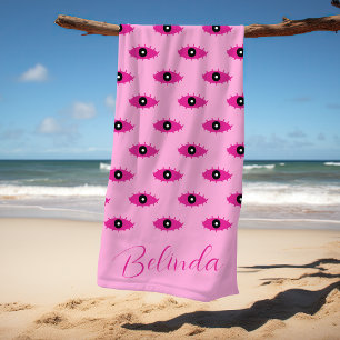 BOHO Evil Eyes Handgeschriebener Name Rosa Strandtuch