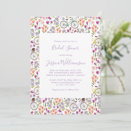 Boho-Fahrrad-Blumen-Script-Chic-Junggesellinnenabs Einladung (Stehend Vorderseite)