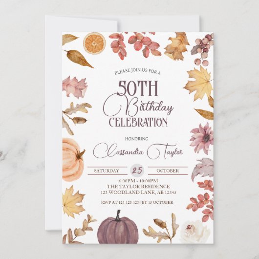 Boho Fall 50. Geburtstag, Herbstblatt Geburtstag Einladung (Vorderseite)
