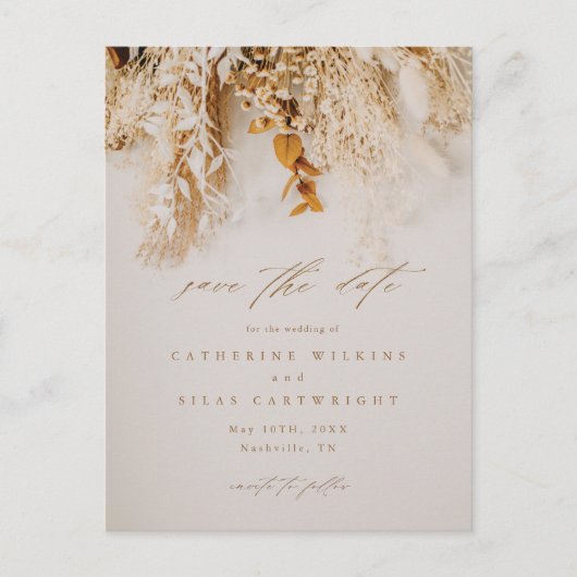 Boho Fall-Blume Hochzeiten speichern das Datum Ankündigungspostkarte (Vorderseite)