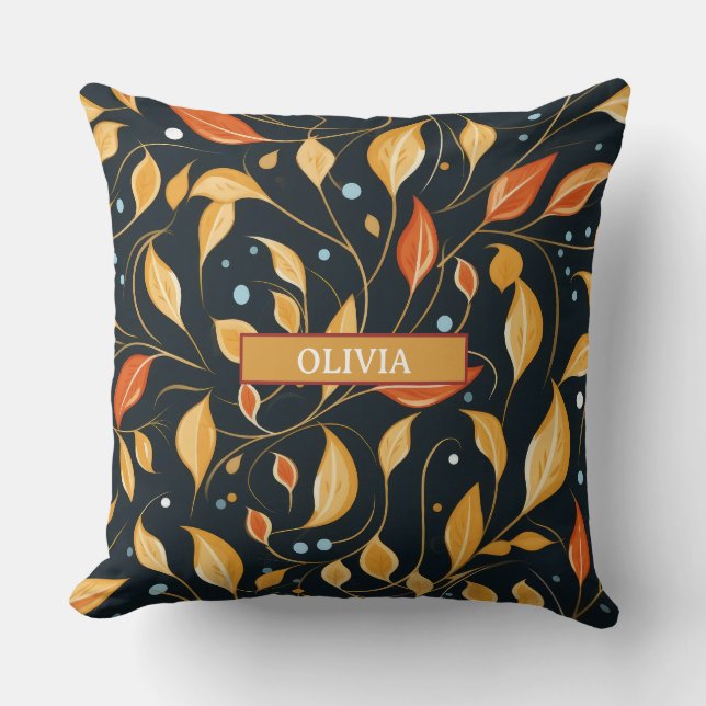 Boho Fall Blume Schwarz Orange mit Namen Kissen (Vorderseite)