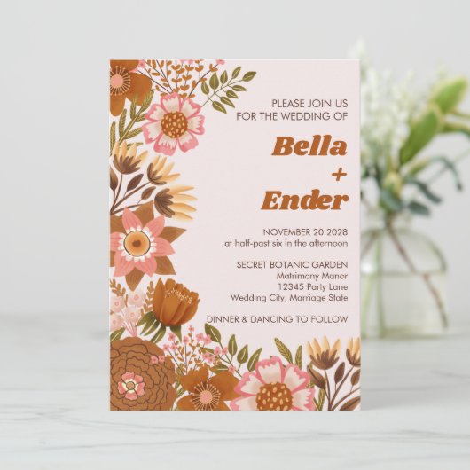Boho Fall Blume Terracotta Wedding Einladung (Stehend Vorderseite)