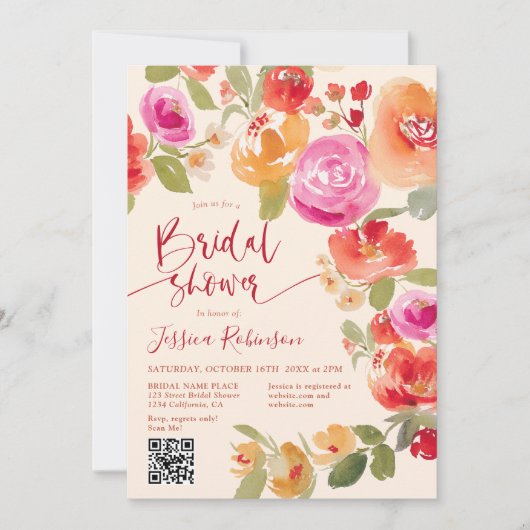 Boho Fall Blütenfarbe QR Pfirsichfarben Brautparty Einladung (Vorderseite)