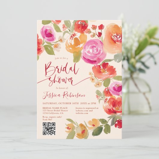 Boho Fall Blütenfarbe QR Pfirsichfarben Brautparty Einladung (Stehend Vorderseite)