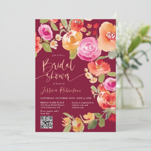 Boho Fall Blütenfarbe QR Rotes Brautparty Einladung (Stehend Vorderseite)