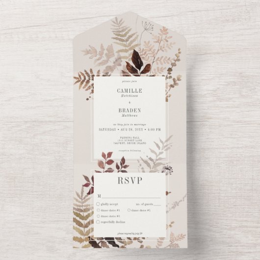 Boho Fall Brown Botanisches Hochzeitsessen All In One Einladung (Innen Boden)