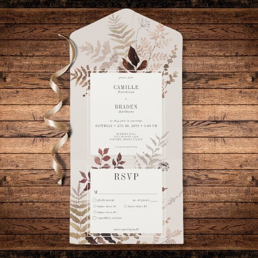 Boho Fall Brown Botanisches Hochzeitsessen All In One Einladung