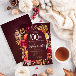 Boho Fall Burgundy Blumenschrift 100. Geburtstag Einladung