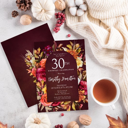 Boho Fall Burgundy Blumenschrift 30. Geburtstag Einladung