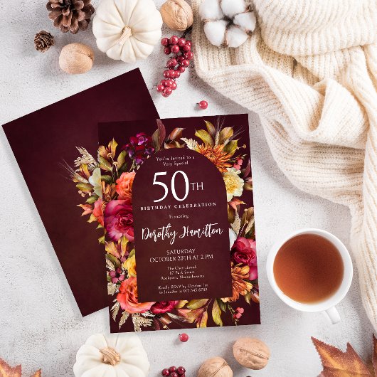Boho Fall Burgundy Blumenschrift 50. Geburtstag Einladung