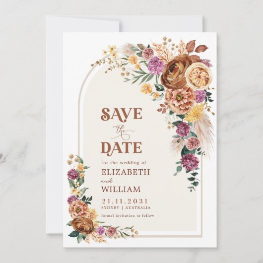 Boho Fall Burnt Orange Lila Floral Save the Date (Vorderseite)