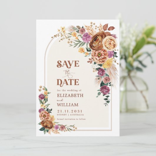 Boho Fall Burnt Orange Lila Floral Save the Date (Stehend Vorderseite)