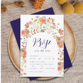 Boho Fall Floral Arch Navy Blue & White Wedding RSVP Karte