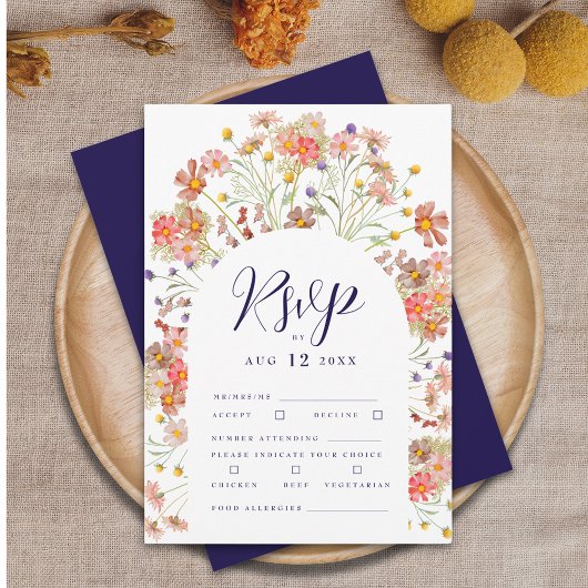 Boho Fall Floral Arch Navy Blue & White Wedding RSVP Karte