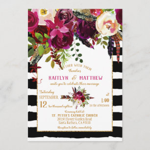 Boho Fall Floral Arrow Bouquet Stripe Wedding Einladung