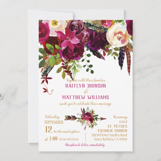 Boho Fall Floral Arrow Bouquet Wedding Einladung (Vorderseite)