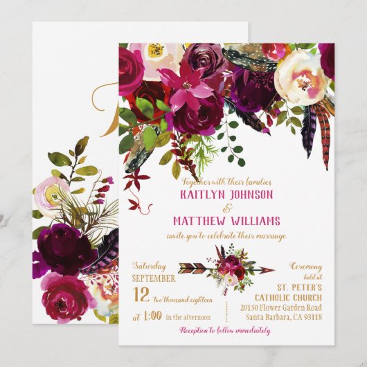 Boho Fall Floral Arrow Bouquet Wedding Einladung (Vorne/Hinten)