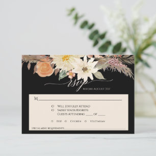 BOHO Fall Floral Black in Tan Pampas Grass Wedding RSVP Karte