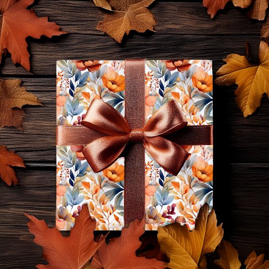 Boho Fall Floral Blooms Terracotta Apricot Blau Geschenkpapier