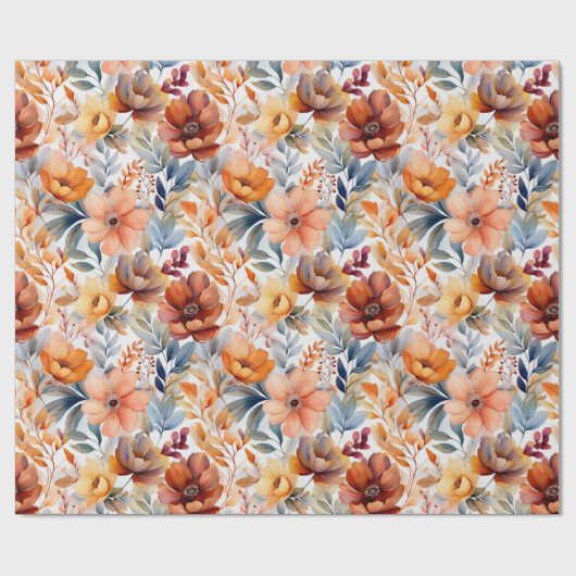 Boho Fall Floral Blooms Terracotta Apricot Blau Geschenkpapier (Flach)