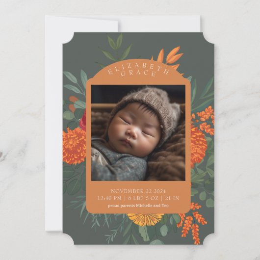 Boho Fall Floral Border Baby Birth Ankündigung (Vorderseite)