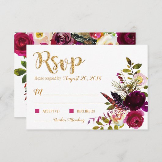 Boho Fall Floral Bouquet Gold RSVP Karte (Vorne/Hinten)