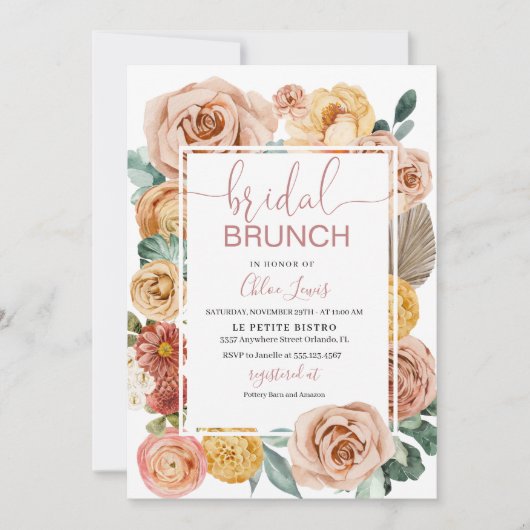 Boho Fall Floral Bridal Brunch Einladung (Vorderseite)