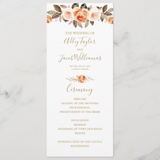 Boho Fall Floral Burnt Orange Wedding Program Programm (Vorderseite)