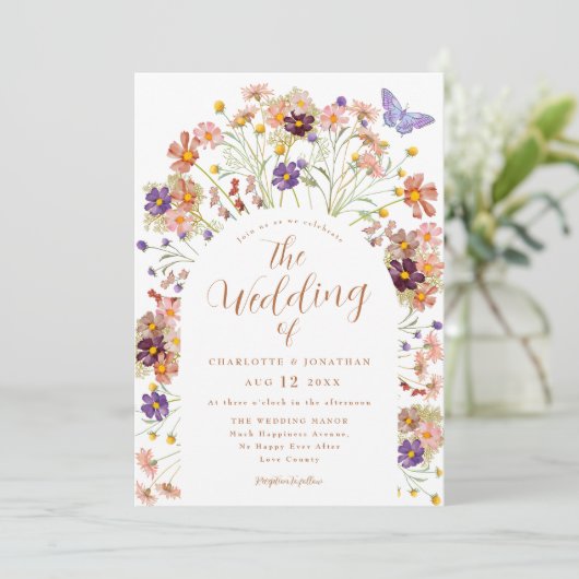 Boho Fall Floral Butterfly Wedding Einladung (Stehend Vorderseite)