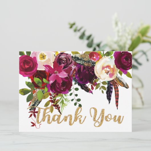 Boho Fall Floral Gold Moderne Vielen Dank Dankeskarte (Stehend Vorderseite)