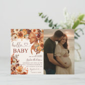 Boho Fall Floral Hello Baby Dusche Foto Einladung (Stehend Vorderseite)