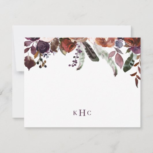 Boho Fall Floral Mit Monogramm Stationierungskarte Mitteilungskarte (Vorderseite)