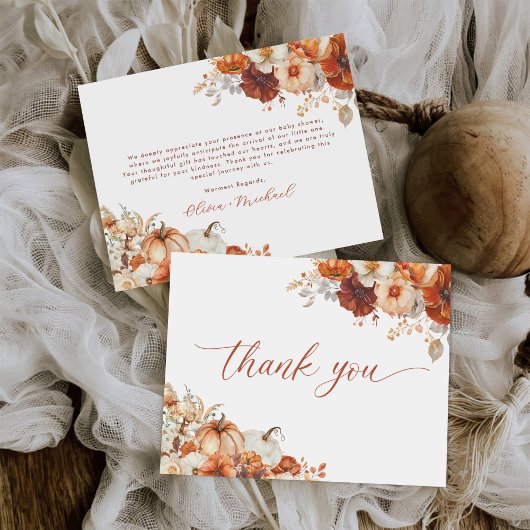 Boho Fall Floral Pumpkin Baby Shower  Dankeskarte