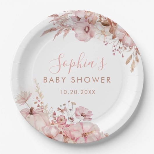 Boho Fall Floral Pumpkin Baby Shower Pappteller (Vorderseite)