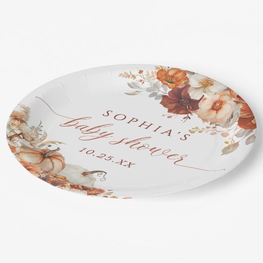 Boho Fall Floral Pumpkin Baby Shower  Pappteller (Schrägansicht)