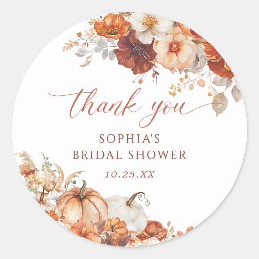 Boho Fall Floral Pumpkin Brautparty Runder Aufkleber (Vorderseite)