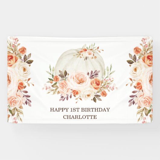 Boho Fall Floral Pumpkin Happy Birthday Party Banner (Horizontal)