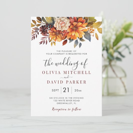 Boho Fall Floral Rustikale Blume Foliage Hochzeit Einladung (Stehend Vorderseite)