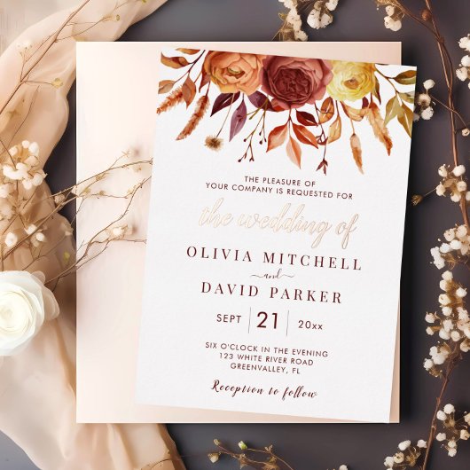 Boho Fall Floral Rustikale Blume Foliage Hochzeit Folieneinladung