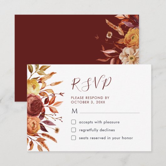 Boho Fall Floral Rustikale Blume Foliage RSVP Kart Dankeskarte (Vorne/Hinten)