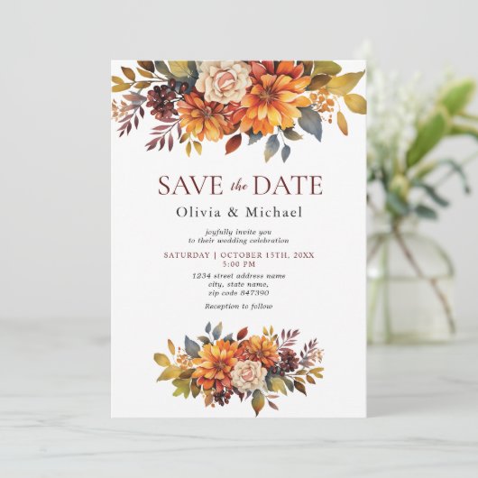 Boho Fall Floral Rustikale Blume Hochzeit Einladung (Stehend Vorderseite)