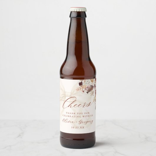 Boho Fall Floral White Bow Wedding Bierflaschenetikett (Vorderseite)